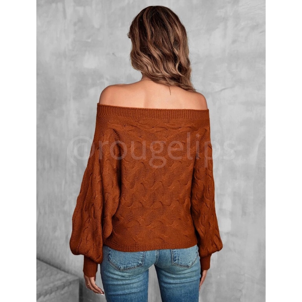 Off Shoulder Batwing Sleeve Rusty Brown Knit Sweater - Picture 3 of 8